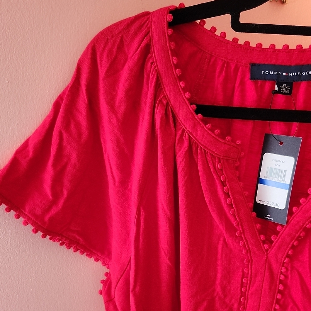 Tommy Hilfiger Red Blouse with Pom-Pom Trim - Picture 2 of 6